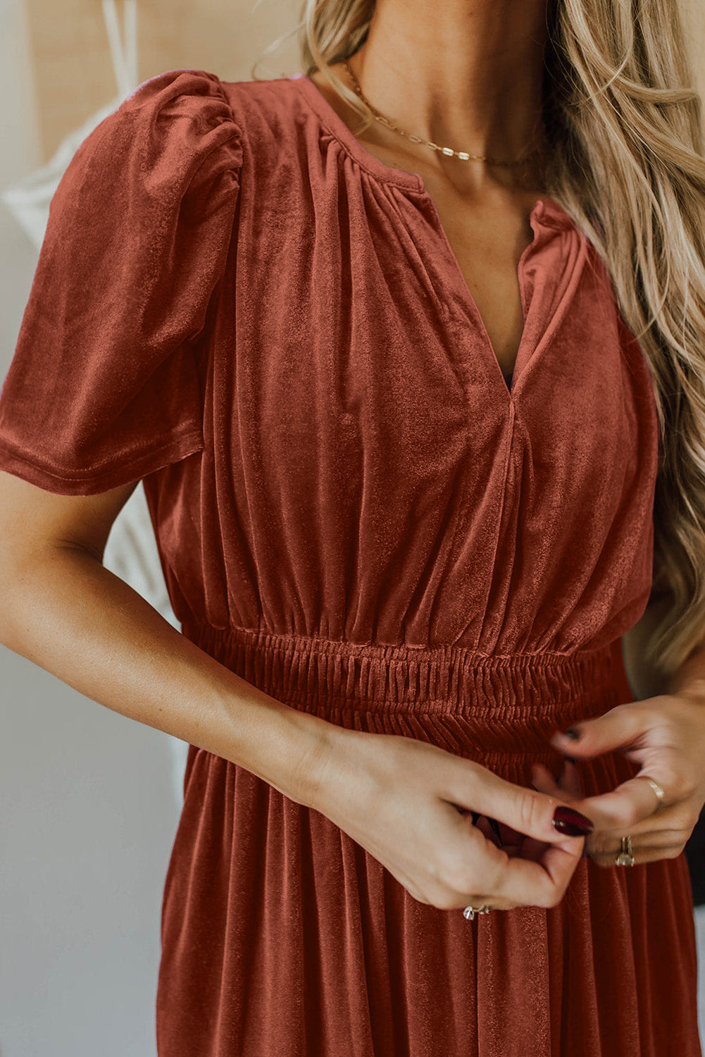 Chestnut Velvet Short Sleeve Shirred Waist Tiered Long Dress Maxi Dresses JT's Designer Fashion