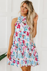 White Frill Mock Neck Sleeveless Tiered Floral Dress Floral Dresses JT's Designer Fashion