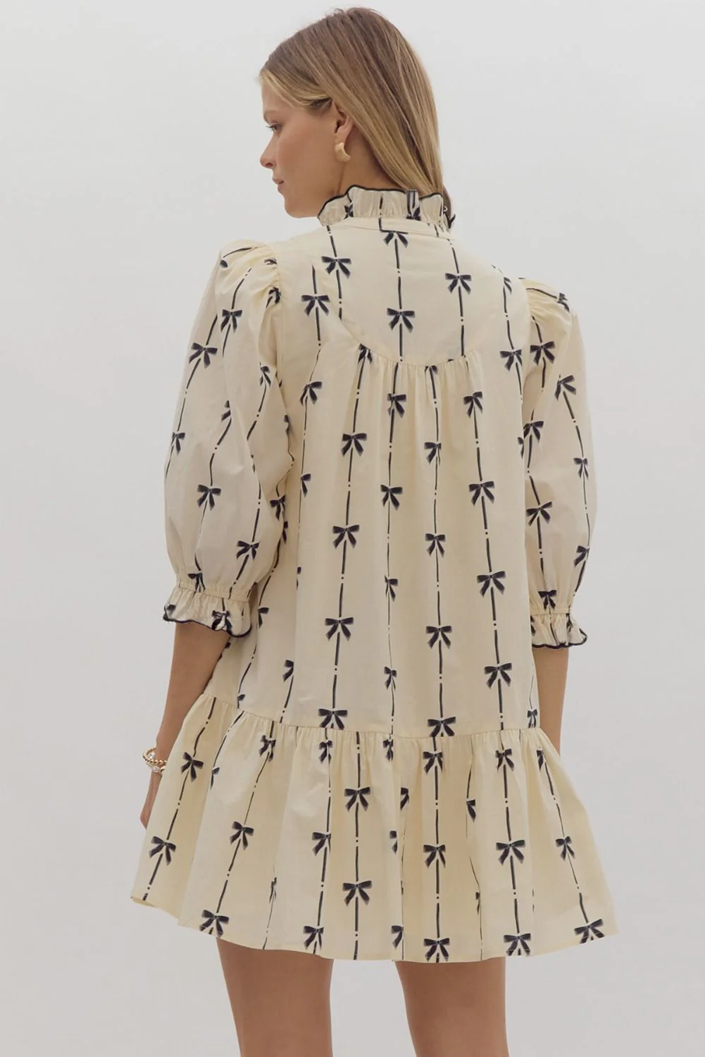 Beige Cute Bowknot Printed Bubble Sleeve V Neck Mini Dress Mini Dresses JT's Designer Fashion