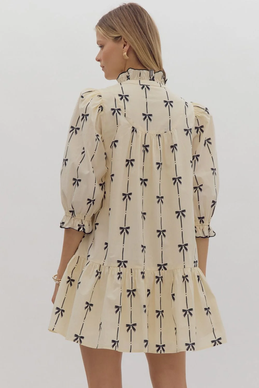 Beige Cute Bowknot Printed Bubble Sleeve V Neck Mini Dress Mini Dresses JT's Designer Fashion