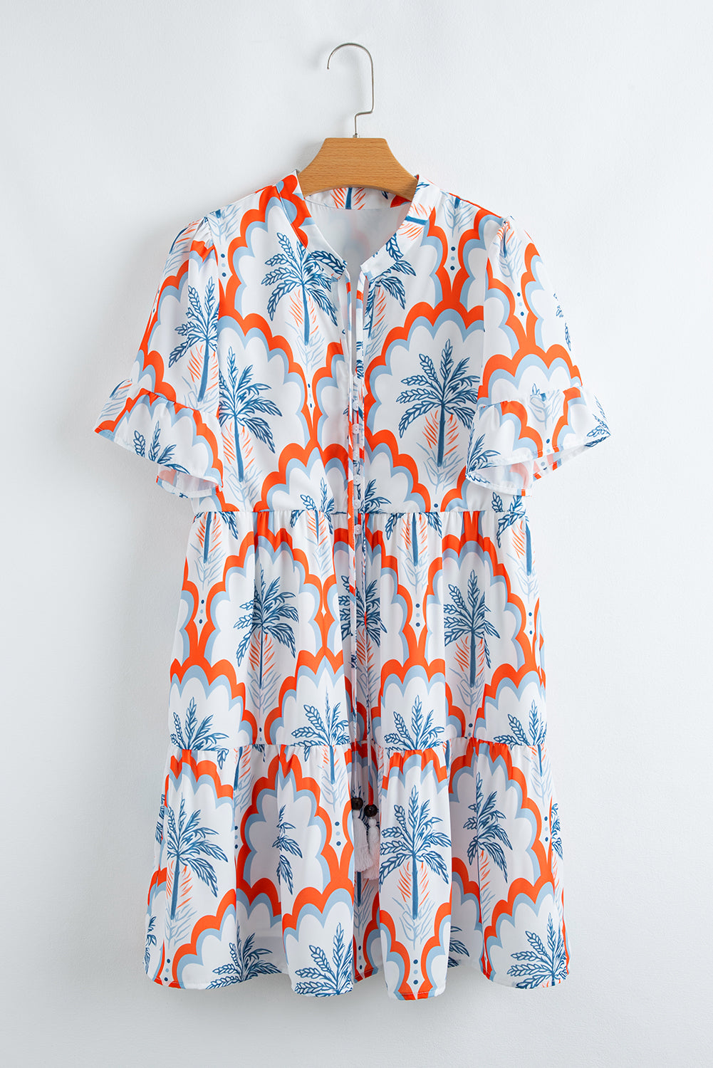Orange Contrast Palm Tree Printed Short Sleeve Flowy Dress Mini Dresses JT's Designer Fashion