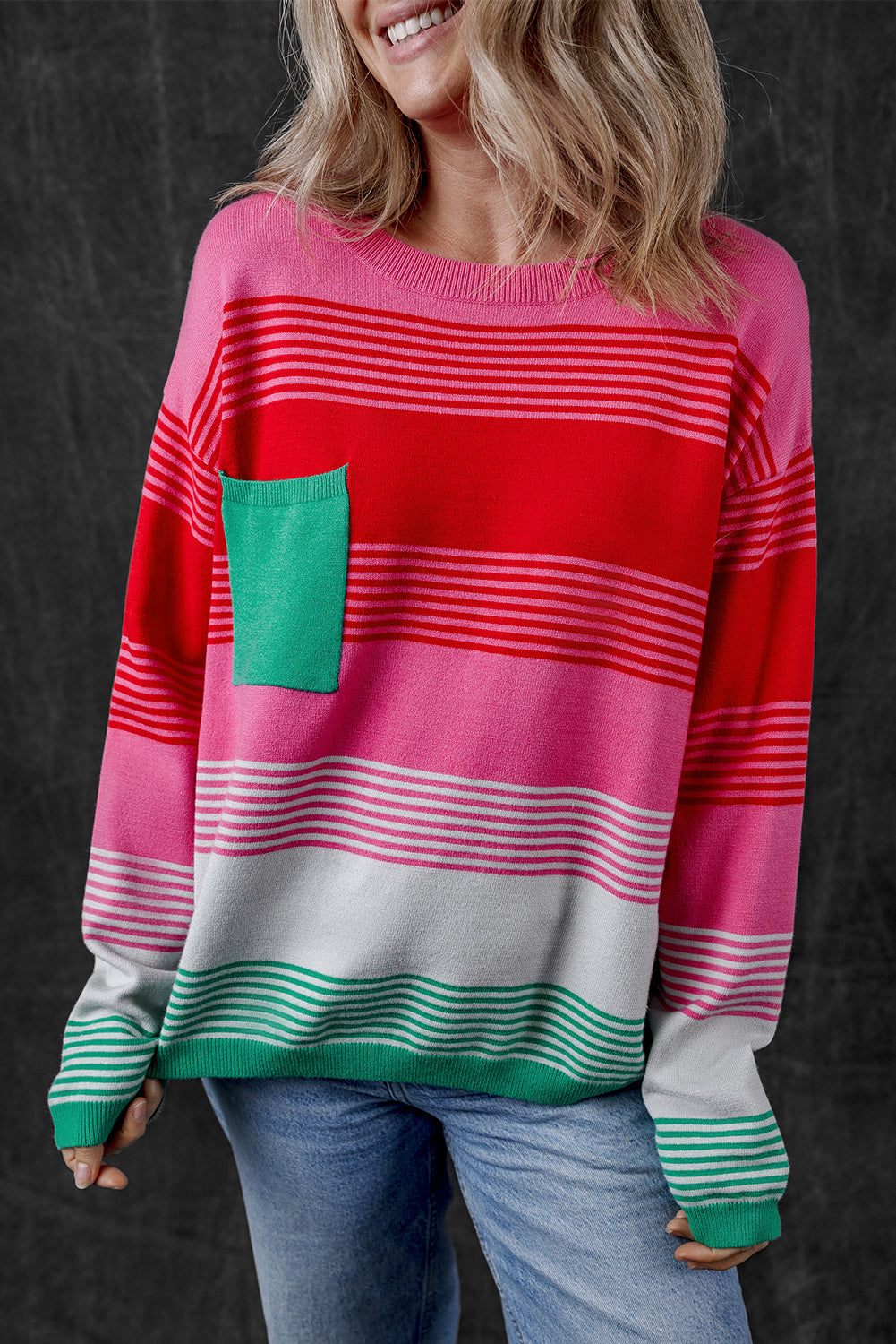 Rose Striped Knit Patch Pocket Drop Shoulder Sweater Sweaters JT's Designer Fashion