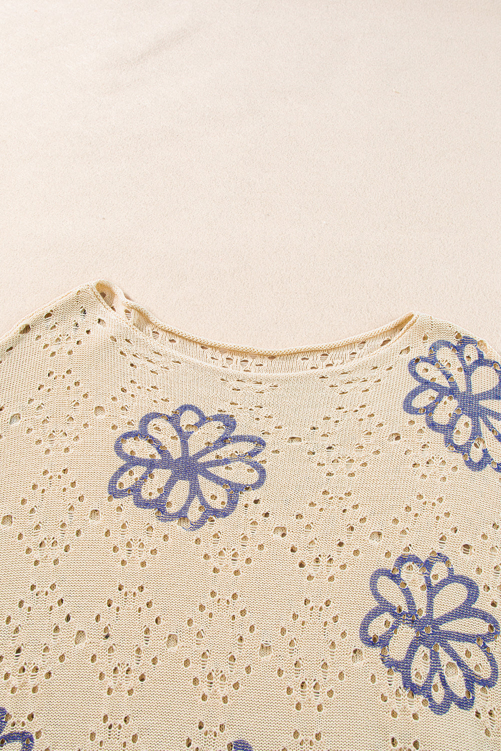 Beige Contrast Flower Print Eyelet Drop Shoulder Sweater Sweaters JT's Designer Fashion
