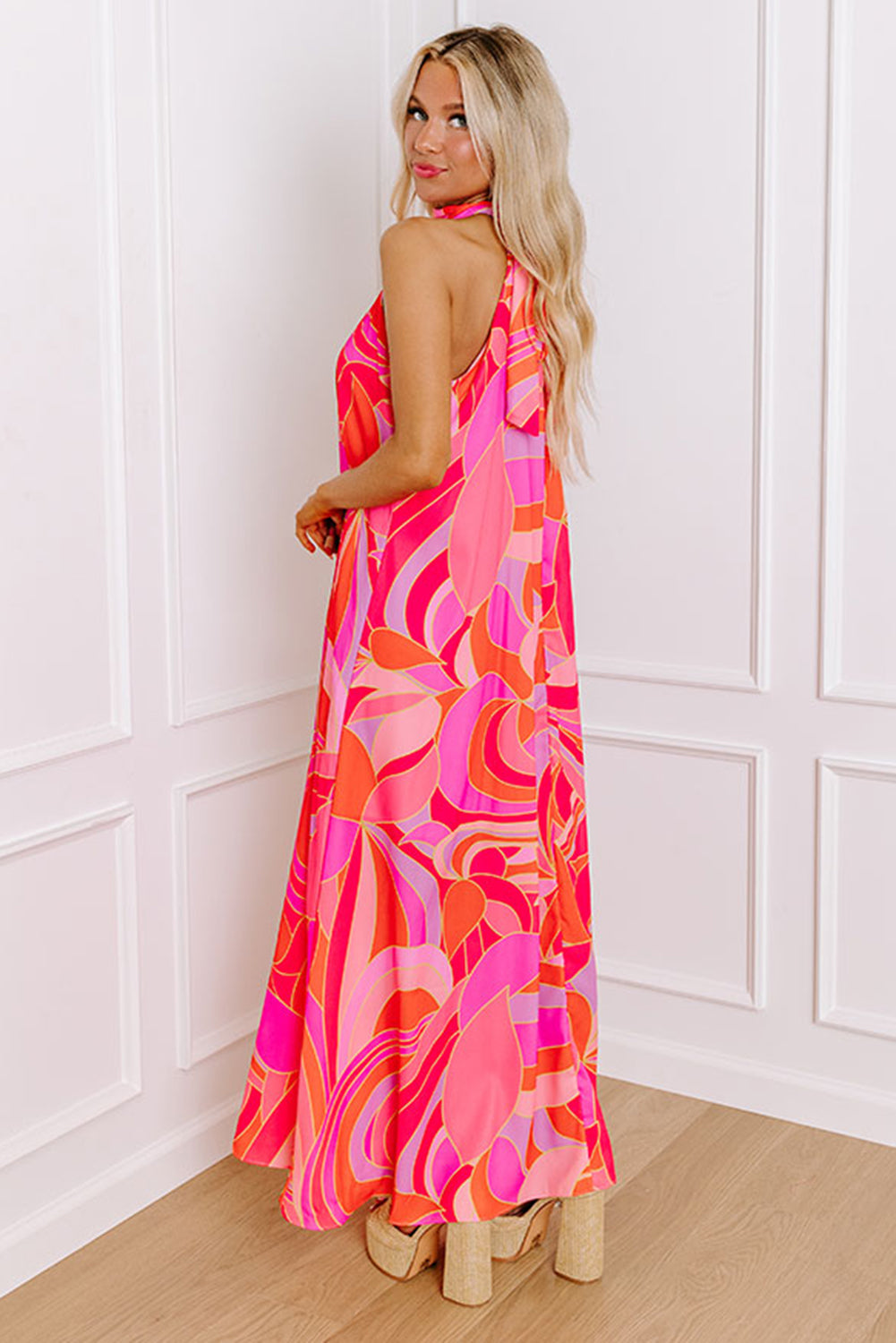 Rose Abstract Printed High Neck Knotted Nape Sleeveless Long Dress Maxi Dresses JT's Designer Fashion