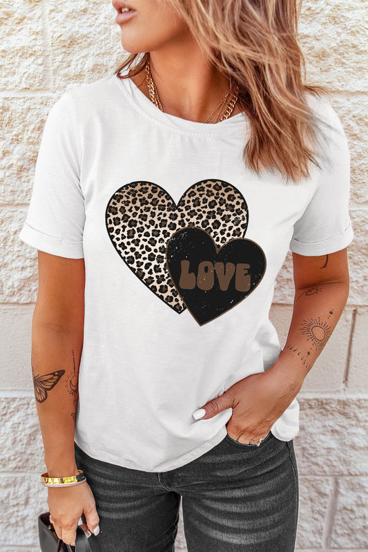 White Leopard LOVE Double Heart Printed Valentines Graphic Tee Graphic Tees JT's Designer Fashion