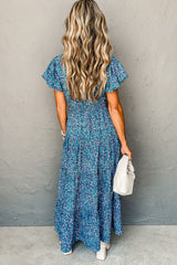 Blue Printed Split V Neck Shirred High Waist Maxi Dress Dresses JT's Designer Fashion