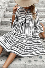 Black Stripe V Neck Bell Sleeve High Waist Mini Dress Mini Dresses JT's Designer Fashion