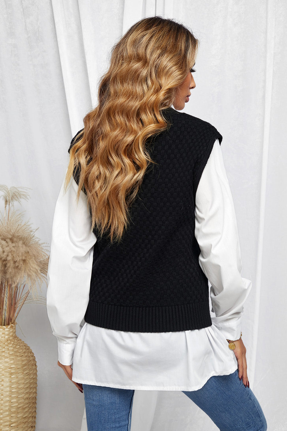 Black V-Neck Twist Knitted Vest Sweater Sweaters & Cardigans JT's Designer Fashion