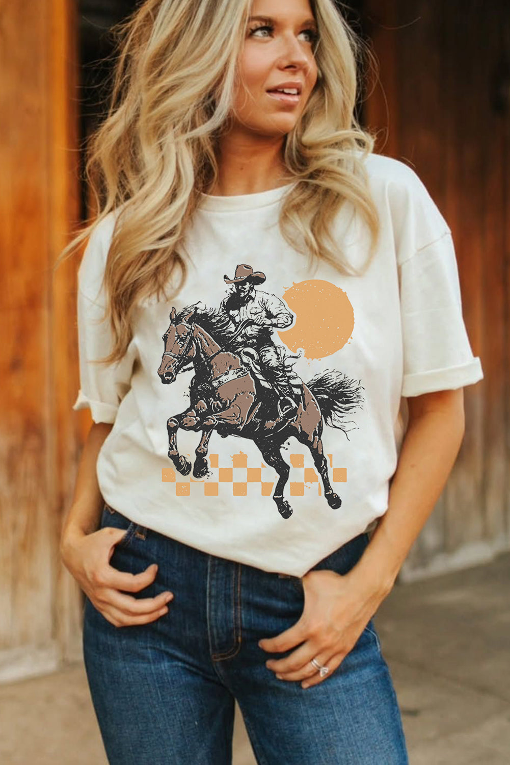 White Sunset Cowboy Print Western Fashion T Shirt Graphic Tees JT's Designer Fashion