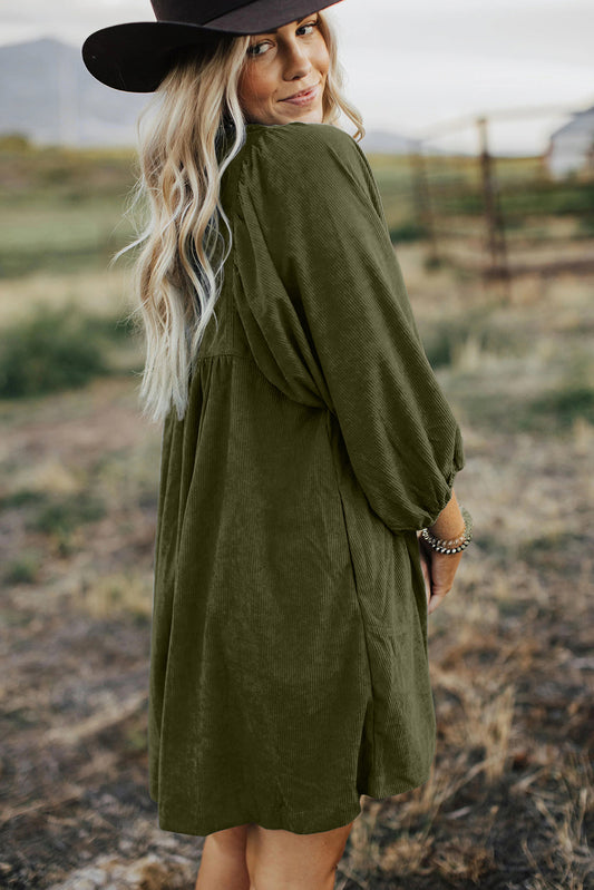 Vineyard Green Corduroy Snap Buttons Empire Waist Bracelet Sleeve Dress Mini Dresses JT's Designer Fashion