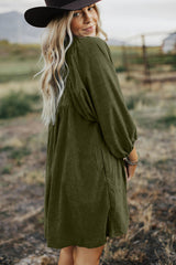 Vineyard Green Corduroy Snap Buttons Empire Waist Bracelet Sleeve Dress Mini Dresses JT's Designer Fashion