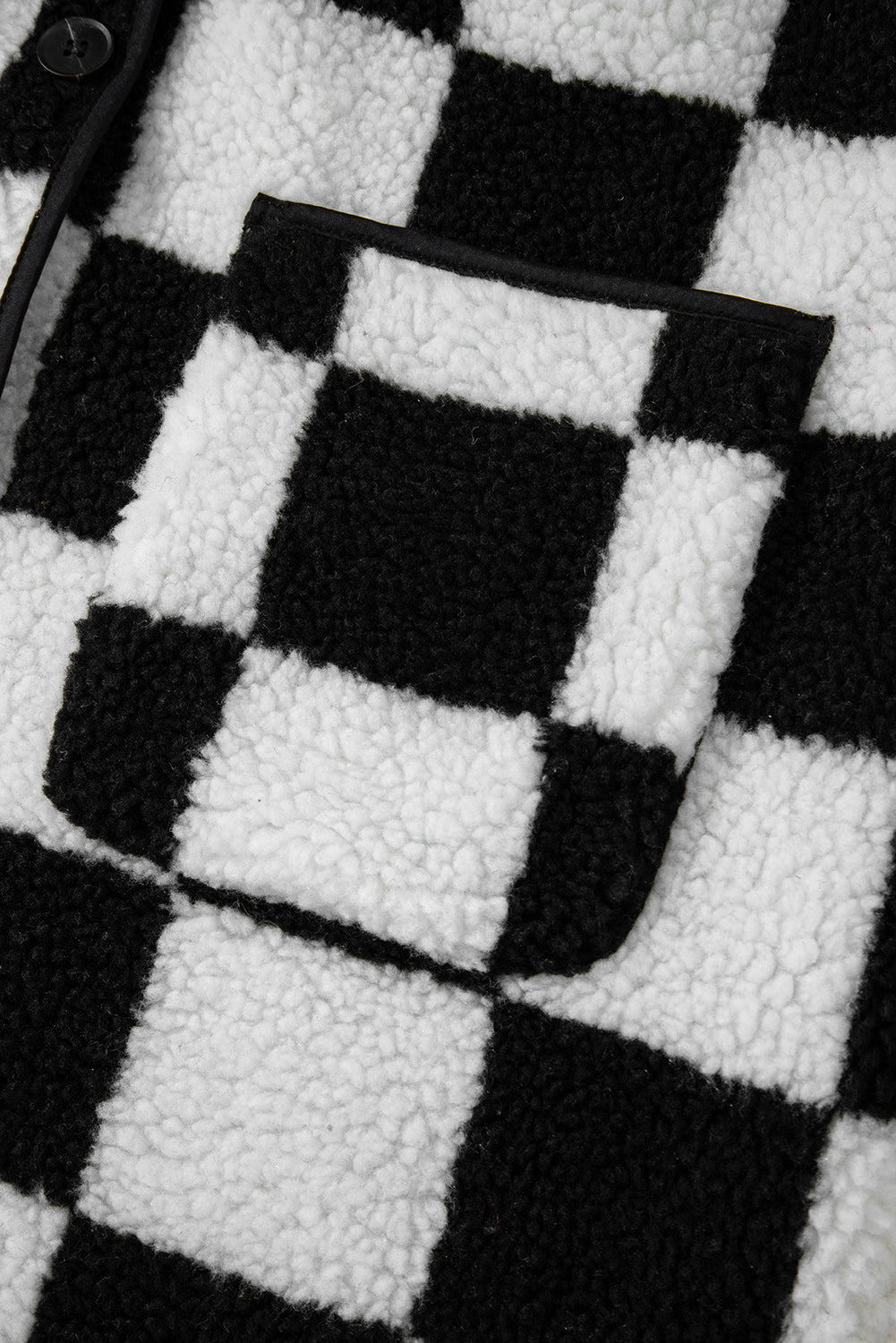 Black Checkered Side Pockets Collared Buttoned Fleece Jacket Jackets JT's Designer Fashion