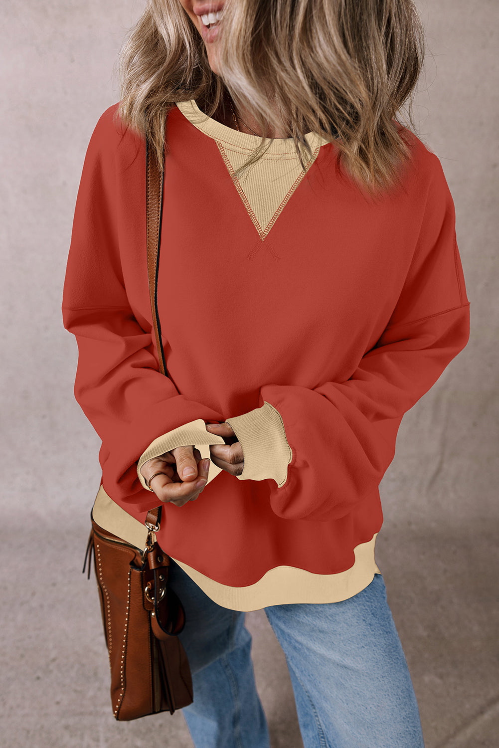 Red Clay Color Block Patch Drop Shoulder Oversized Sweatshirt Sweatshirts & Hoodies JT's Designer Fashion