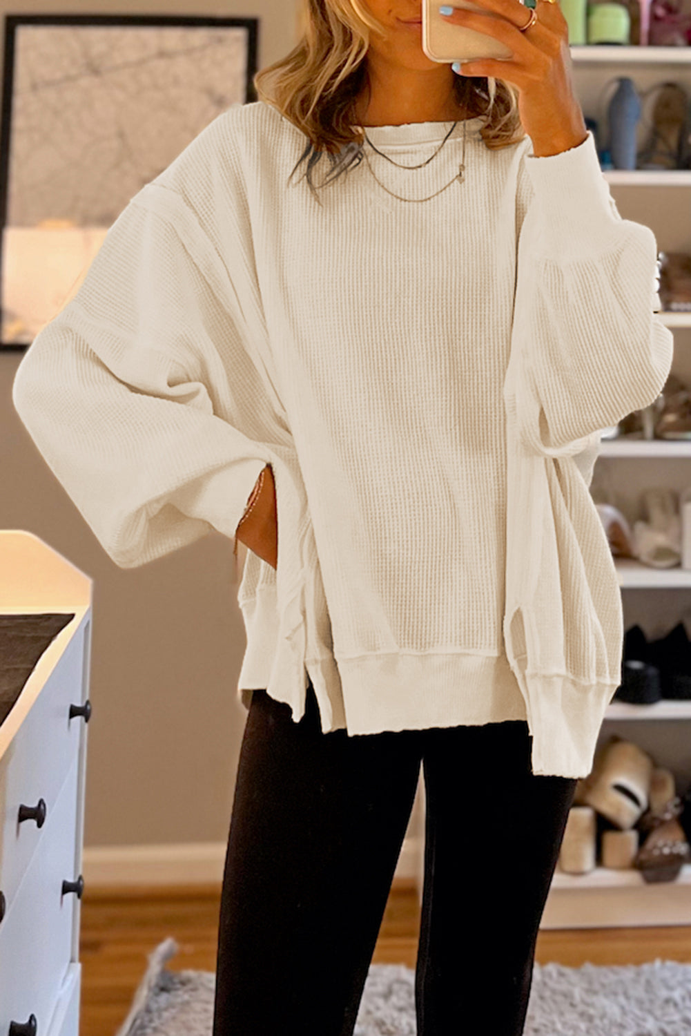 White Waffle Knit Bishop Sleeve Split Oversized Sweatshirt Sweatshirts & Hoodies JT's Designer Fashion