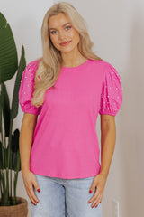 Bright Pink Ribbed Pearl Beaded Puff Sleeve Top Blouses & Shirts JT's Designer Fashion