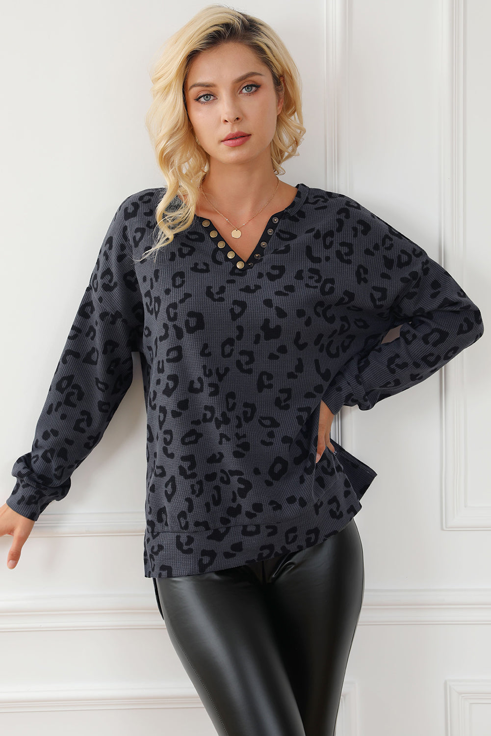 Gray Leopard Print Button Split Neck Waffle Sweatshirt Sweatshirts & Hoodies JT's Designer Fashion
