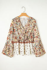 Yellow Printed Floral Bell Sleeve V Neck Wrapped Contrast Peplum Blouse Blouses & Shirts JT's Designer Fashion