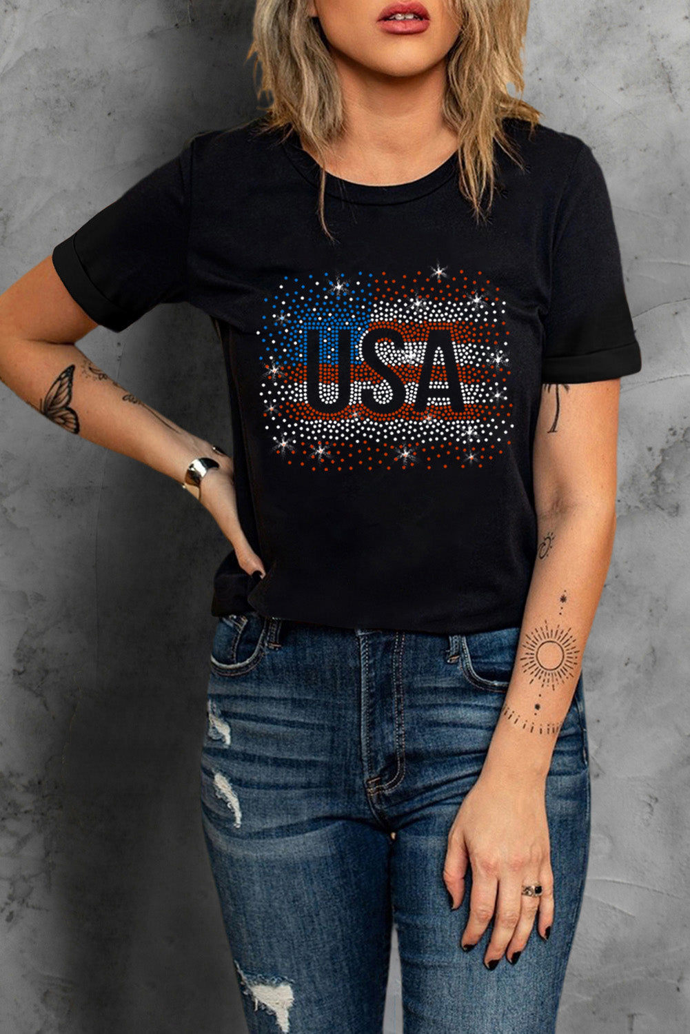 Black Rhinestone America Flag USA Graphic T Shirt Graphic Tees JT's Designer Fashion