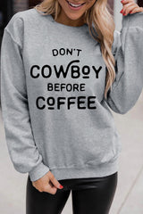 Gray Letter Print Drop Shoulder Crew Neck Pullover Sweatshirt Graphic Sweatshirts JT's Designer Fashion