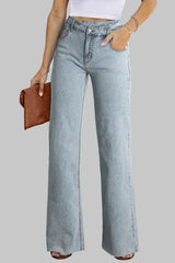 Sky Blue Mid Rise Asymmetrical Waist Wide Leg Jeans Jeans JT's Designer Fashion