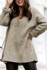 Gray V neck Drop Shoulder Knitted Sweater Sweaters & Cardigans JT's Designer Fashion