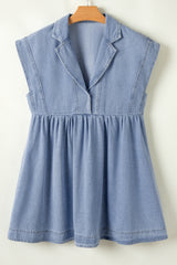 Beau Blue Lapel Neck Cap Sleeve High Waist Denim Babydoll Dress Mini Dresses JT's Designer Fashion