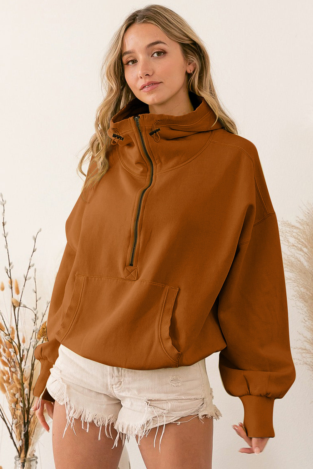 Brown Ribbed Trim Kangaroo Pocket Zipped Hoodie Sweatshirts & Hoodies JT's Designer Fashion
