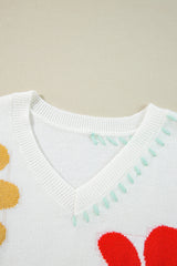 White Big Flower Pattern V Neck Drop Shoulder Sweater Sweaters JT's Designer Fashion