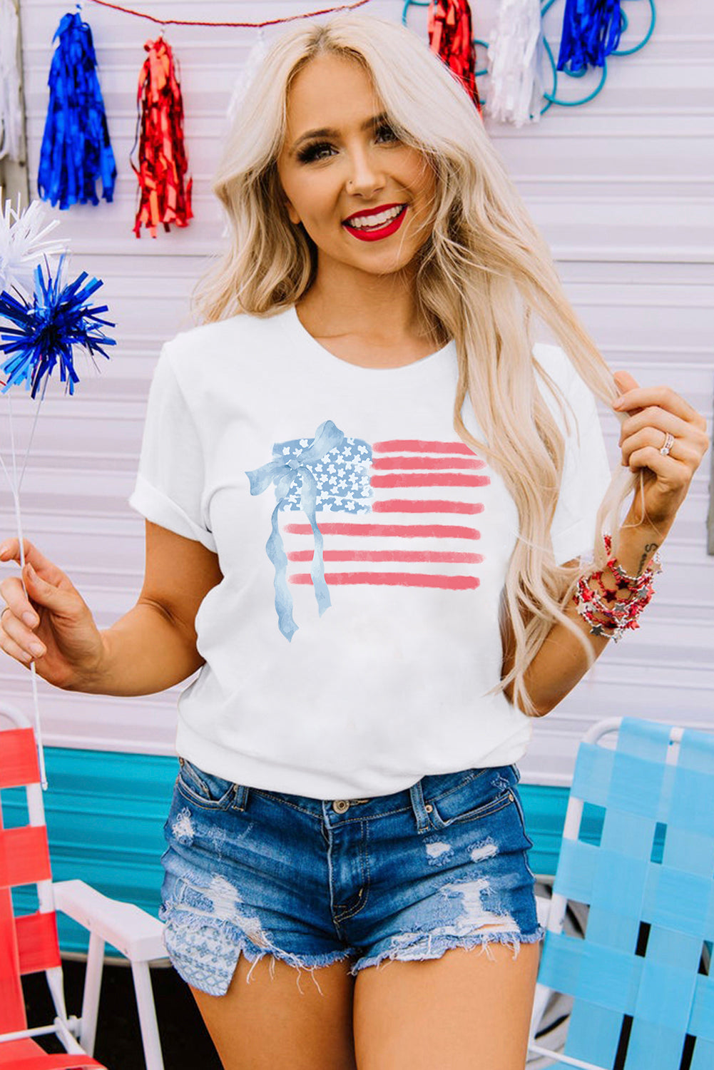 White American Flag Bow Knot Print Crew Neck T Shirt Graphic Tees JT's Designer Fashion