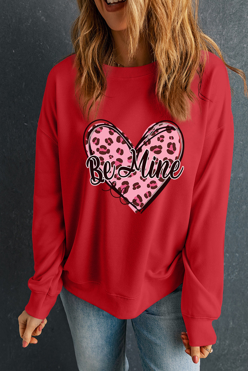 Red Be mine Leopard Heart Printed Valentines Sweatshirt Graphic Sweatshirts JT's Designer Fashion
