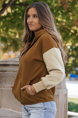 Chestnut Color Block Half Zip Kangaroo Pocketed Hoodie Sweatshirts & Hoodies JT's Designer Fashion