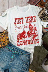 White JUST HERE For THE COWBOY Cuffed Sleeve Crew Neck T Shirt Graphic Tees JT's Designer Fashion
