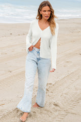 White Lightweight V Neck Button Front Bell Sleeve Cardigan Sweater Cardigans JT's Designer Fashion