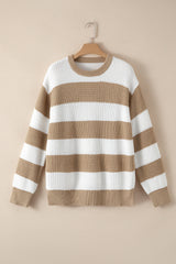 Light French Beige Colorblock Striped Drop Shoulder Side Slit Sweater Sweaters JT's Designer Fashion