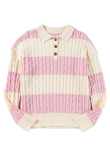 Pink Stripe Cable Knit Collared Henley Sweater Sweaters JT's Designer Fashion