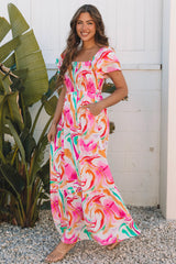 Pink Abstract Print Ruffled Sleeve Smocked Bust Long Dress Maxi Dresses JT's Designer Fashion