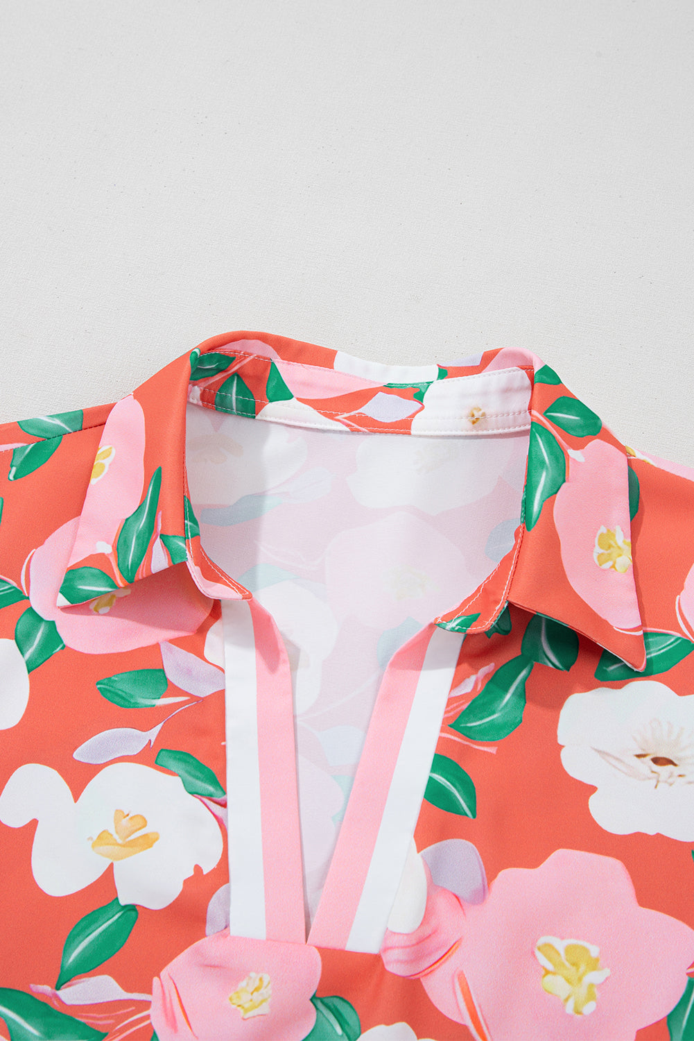 Fresh Salmon Floral Print Contrast Striped Trim Polo Collar T Shirt Dress Floral Dresses JT's Designer Fashion