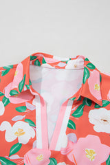 Fresh Salmon Floral Print Contrast Striped Trim Polo Collar T Shirt Dress Floral Dresses JT's Designer Fashion
