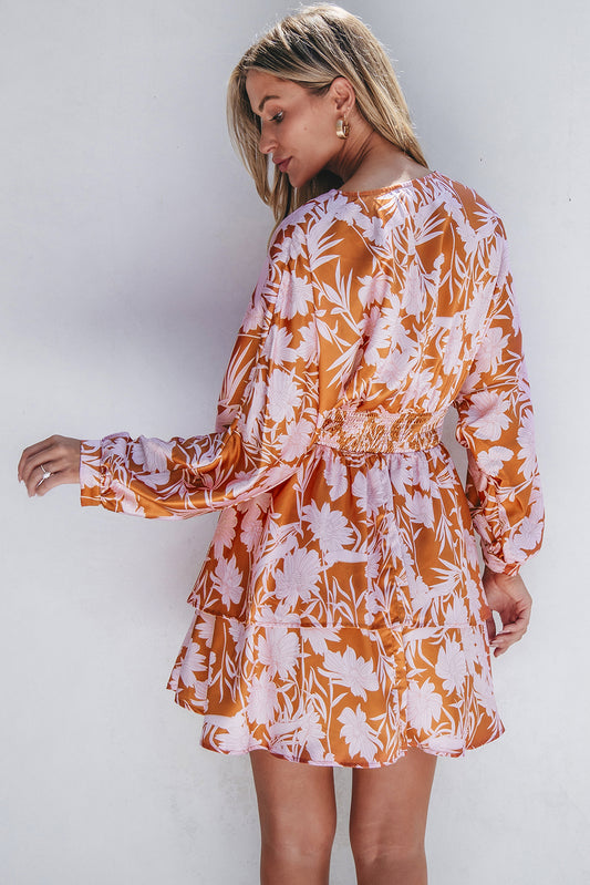 Brown Floral Puff Sleeve Smocked Waist Layered Dress Floral Dresses JT's Designer Fashion