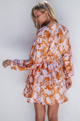 Brown Floral Puff Sleeve Smocked Waist Layered Dress Floral Dresses JT's Designer Fashion