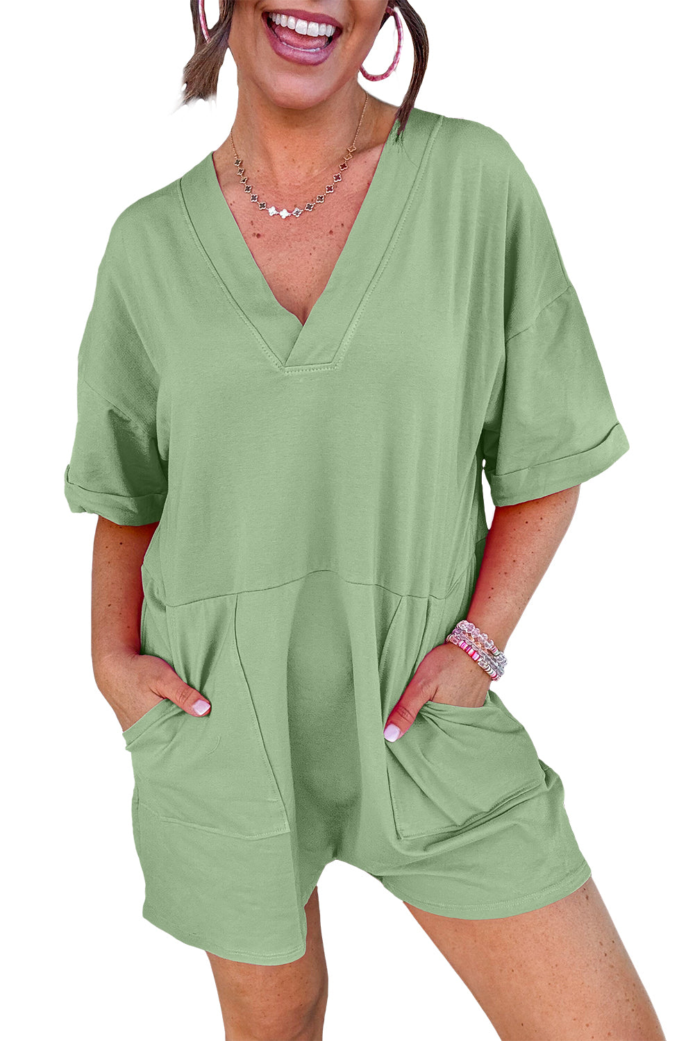 Grass Green Loose Half Sleeve V Neck Knit Romper Jumpsuits & Rompers JT's Designer Fashion