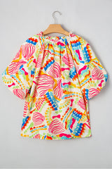 Orange Abstract Printed Shirred Bubble Half Sleeve V Neck Blouse Blouses & Shirts JT's Designer Fashion