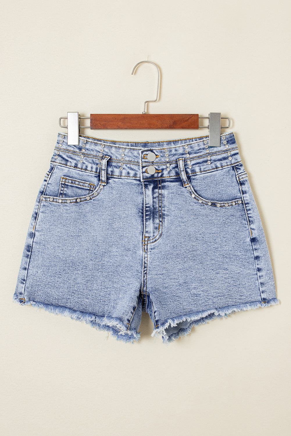 Beau Blue Rhinestone Light Wash Raw Hem High Waist Denim Shorts Denim Shorts JT's Designer Fashion