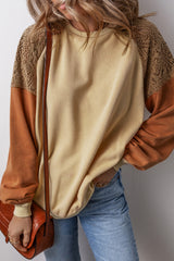 Khaki Lace Patchwork Colorblock Drop Shoulder Sweatshirt Sweatshirts & Hoodies JT's Designer Fashion
