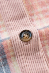 Light Pink Plaid Corduroy Patchwork Chest Pocket Shacket Plaid Shackets JT's Designer Fashion