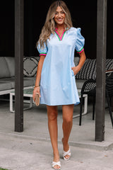 Myosotis Contrast Striped Notched V Neck Puff Sleeve Mini Dress Mini Dresses JT's Designer Fashion
