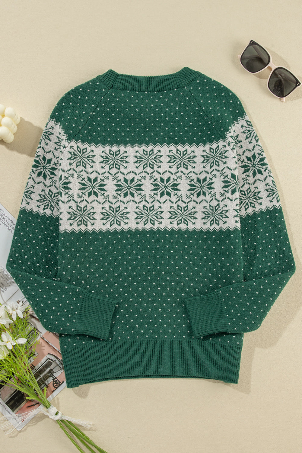 Green Christmas Snowflake Dotted Print Round Neck Sweater Sweaters JT's Designer Fashion