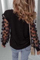 Black Flower Applique Mesh Long Sleeve V Neck Blouse Blouses & Shirts JT's Designer Fashion