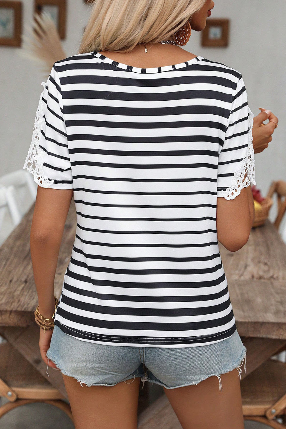Black Stripe Cross Straps Hollowed Neck Lace Splicing Short Sleeve Blouse Blouses & Shirts JT's Designer Fashion