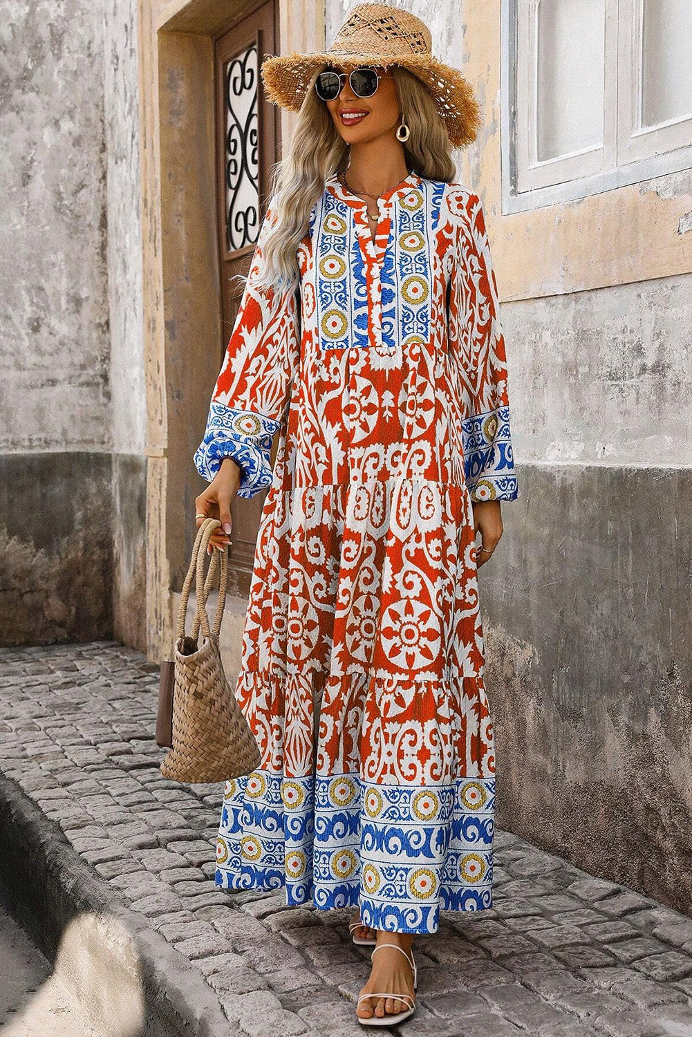 Orange Boho Geometric Printed Long Sleeve Long Dress Maxi Dresses JT's Designer Fashion
